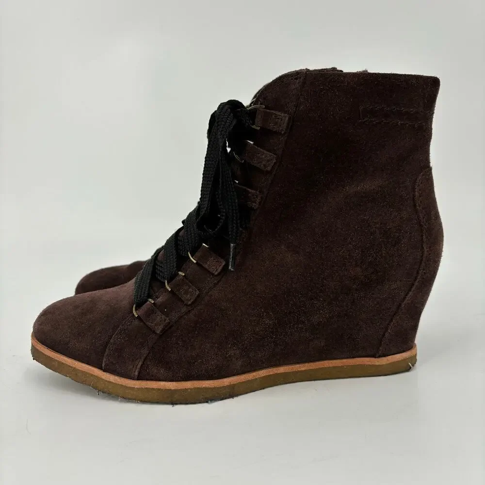 Earth‎ Ankle Boot Size 7.5 Kalmar Hidden Wedge Chocolate Brown Leather Side Zip